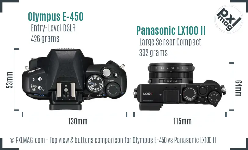 Olympus E-450 vs Panasonic LX100 II top view buttons comparison