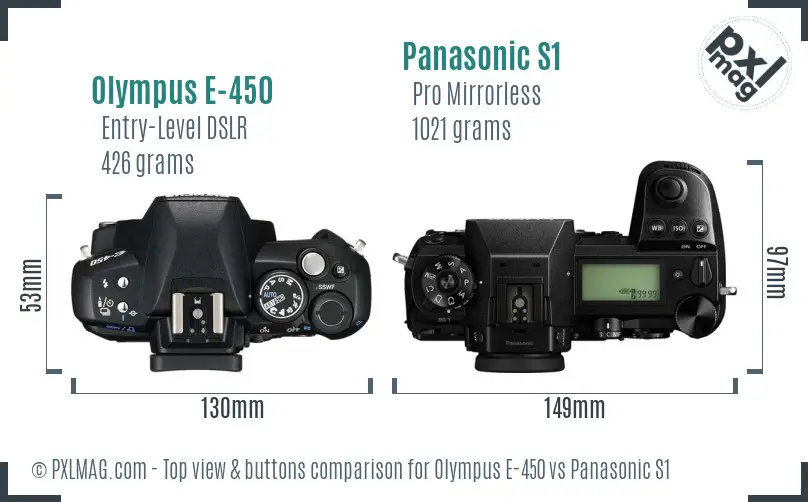 Olympus E-450 vs Panasonic S1 top view buttons comparison