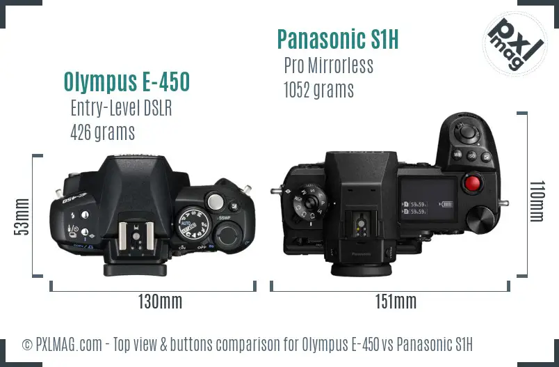 Olympus E-450 vs Panasonic S1H top view buttons comparison
