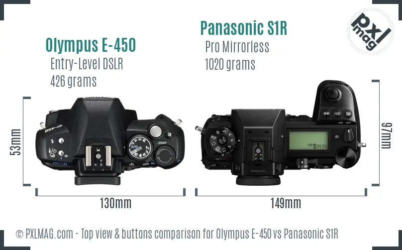 Olympus E-450 vs Panasonic S1R top view buttons comparison