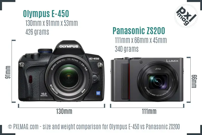 Olympus E-450 vs Panasonic ZS200 size comparison