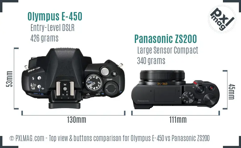 Olympus E-450 vs Panasonic ZS200 top view buttons comparison