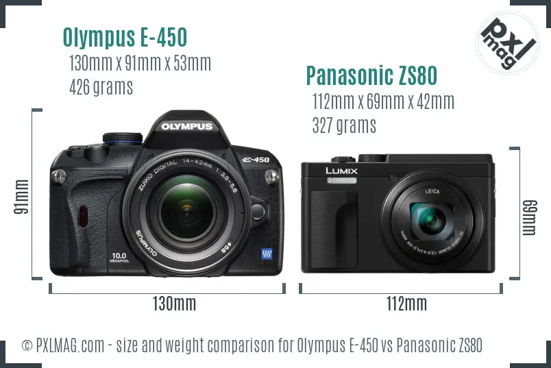 Olympus E-450 vs Panasonic ZS80 size comparison