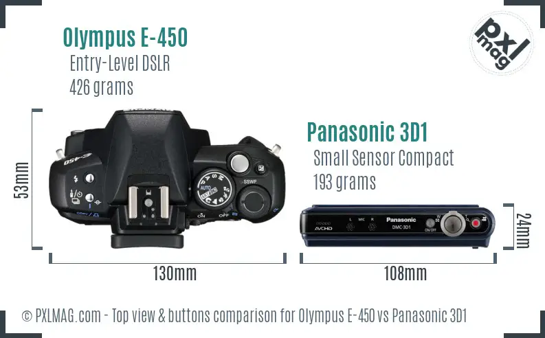 Olympus E-450 vs Panasonic 3D1 top view buttons comparison