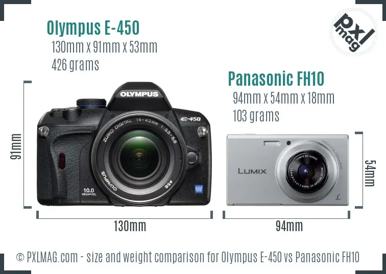 Olympus E-450 vs Panasonic FH10 size comparison