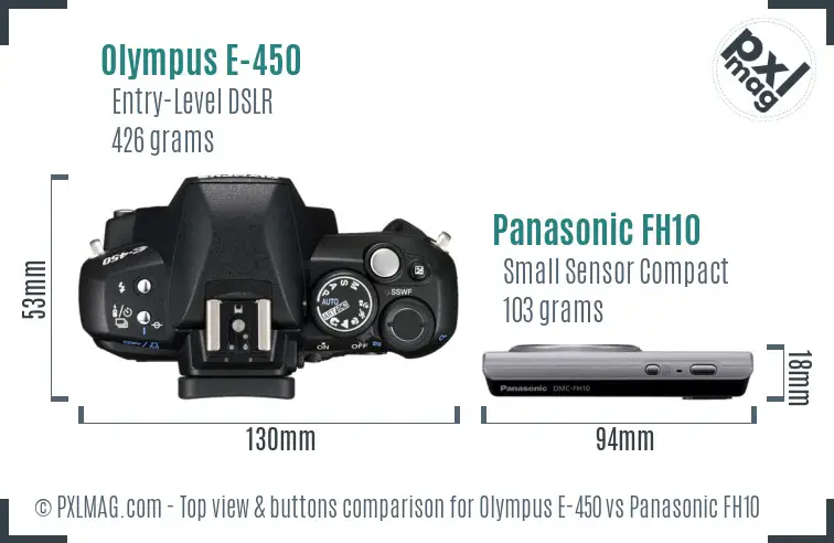 Olympus E-450 vs Panasonic FH10 top view buttons comparison