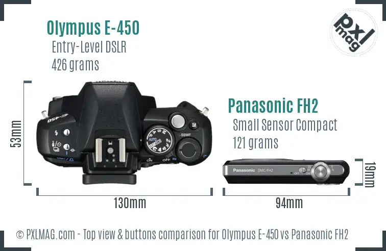 Olympus E-450 vs Panasonic FH2 top view buttons comparison