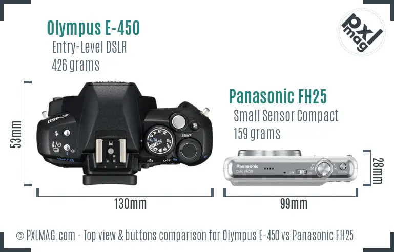 Olympus E-450 vs Panasonic FH25 top view buttons comparison