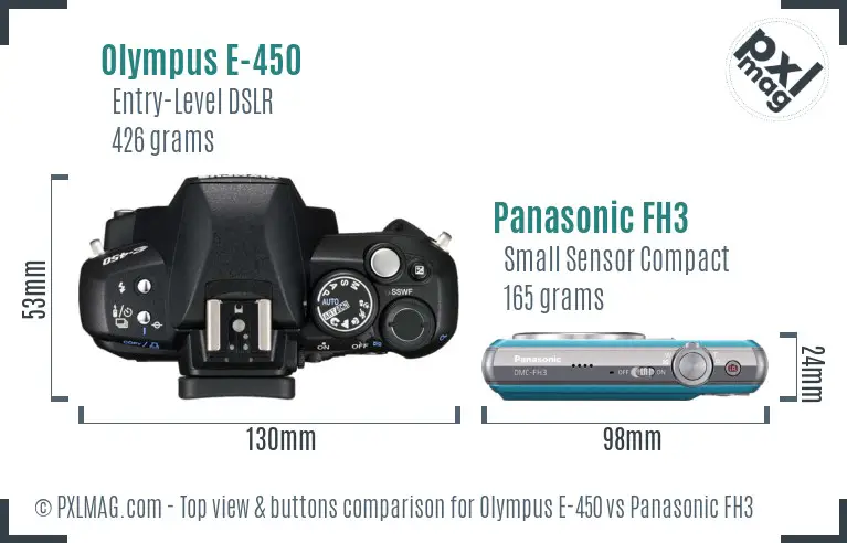 Olympus E-450 vs Panasonic FH3 top view buttons comparison