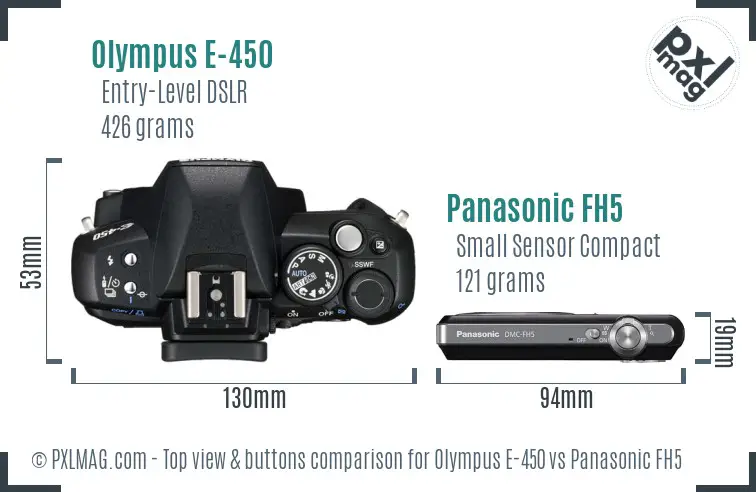 Olympus E-450 vs Panasonic FH5 top view buttons comparison