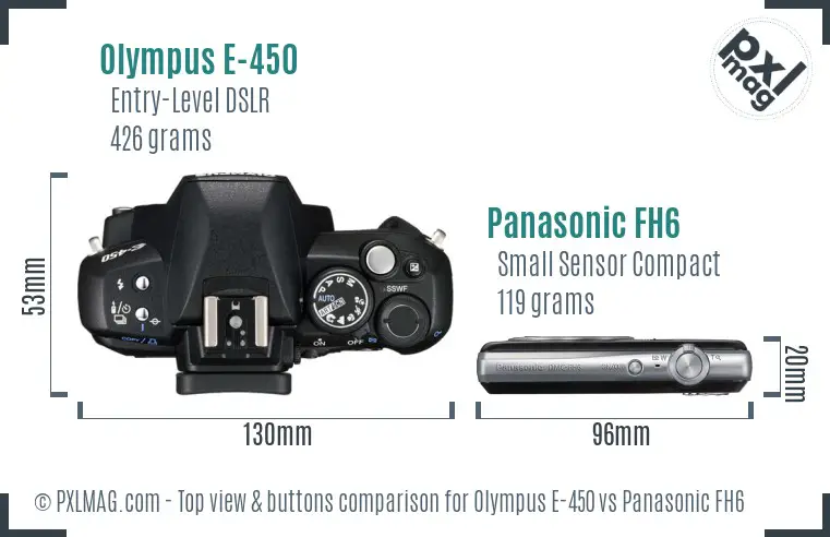 Olympus E-450 vs Panasonic FH6 top view buttons comparison