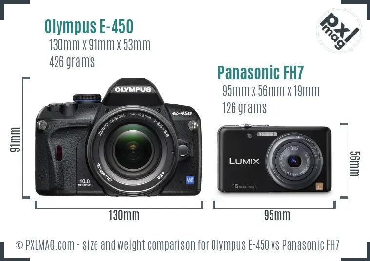 Olympus E-450 vs Panasonic FH7 size comparison