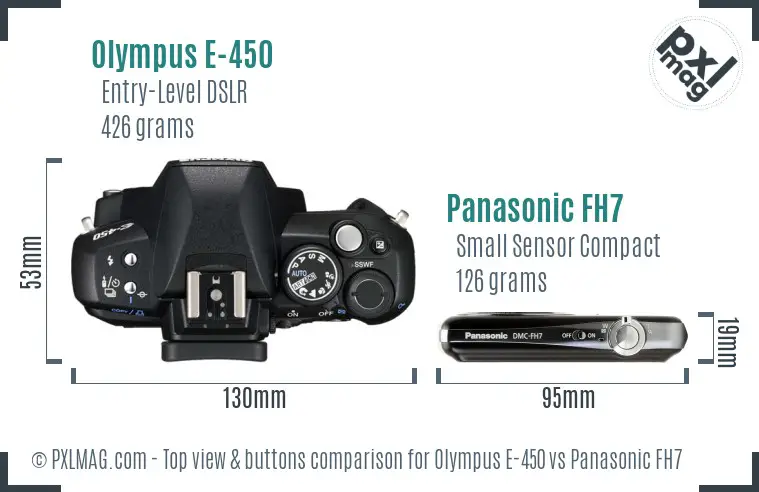 Olympus E-450 vs Panasonic FH7 top view buttons comparison