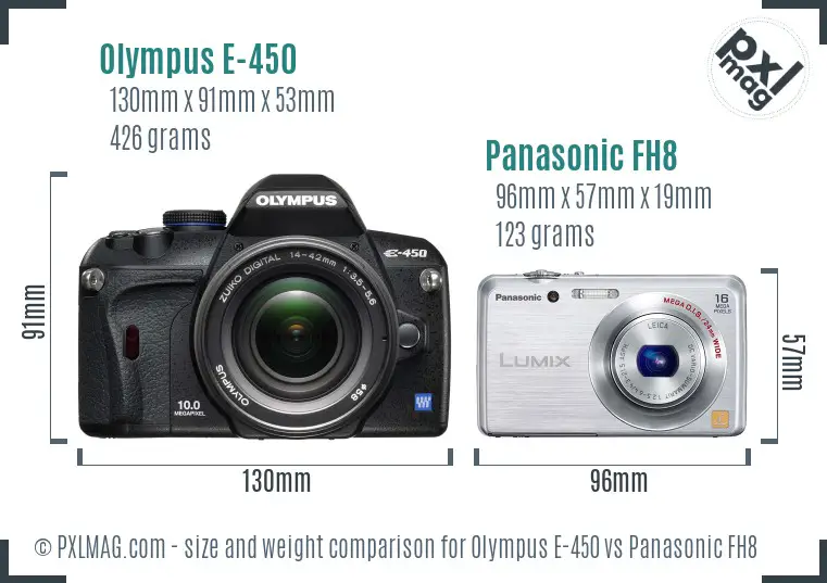 Olympus E-450 vs Panasonic FH8 size comparison