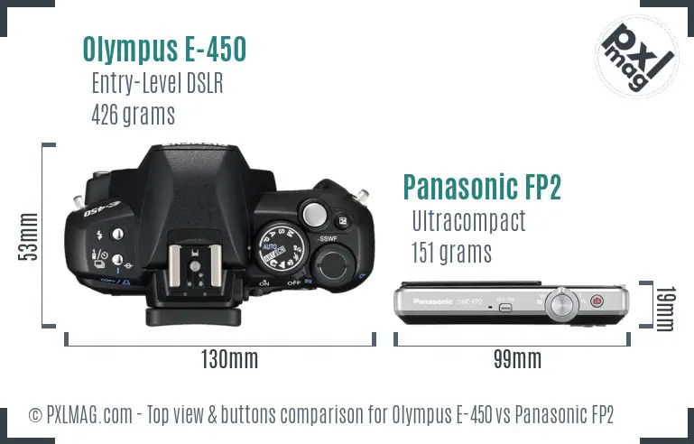 Olympus E-450 vs Panasonic FP2 top view buttons comparison