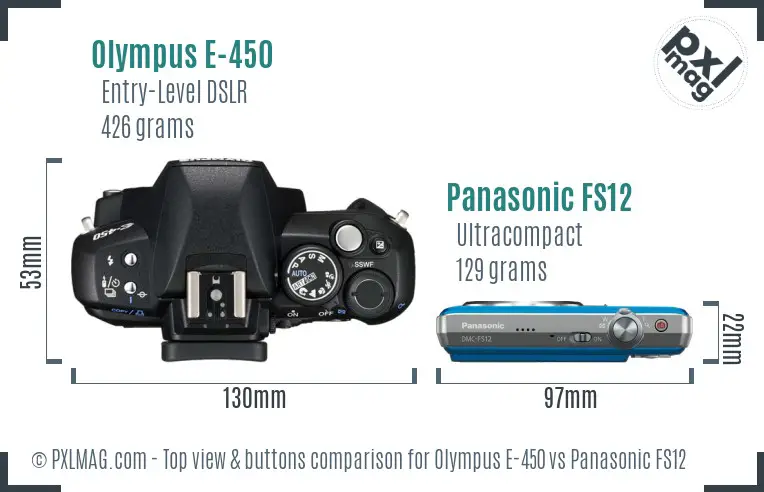 Olympus E-450 vs Panasonic FS12 top view buttons comparison