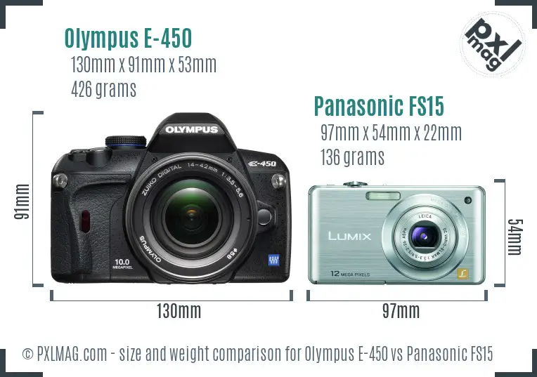 Olympus E-450 vs Panasonic FS15 size comparison