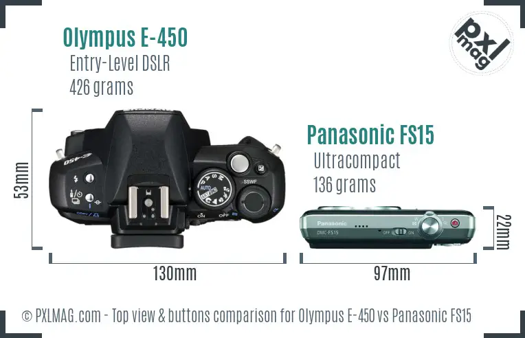 Olympus E-450 vs Panasonic FS15 top view buttons comparison
