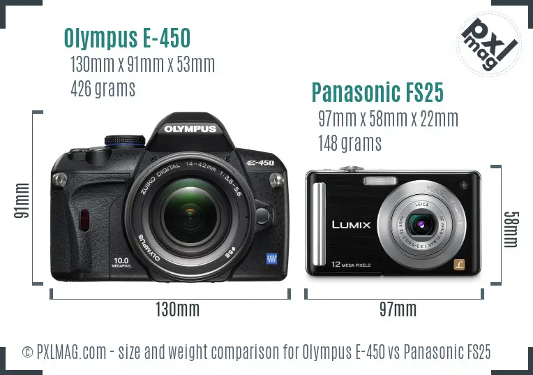 Olympus E-450 vs Panasonic FS25 size comparison