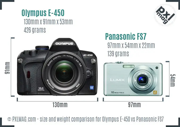 Olympus E-450 vs Panasonic FS7 size comparison