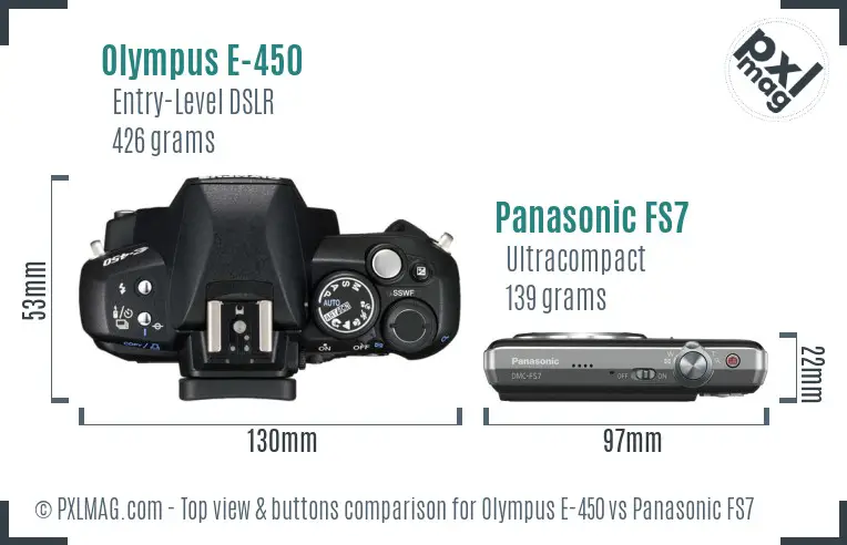 Olympus E-450 vs Panasonic FS7 top view buttons comparison