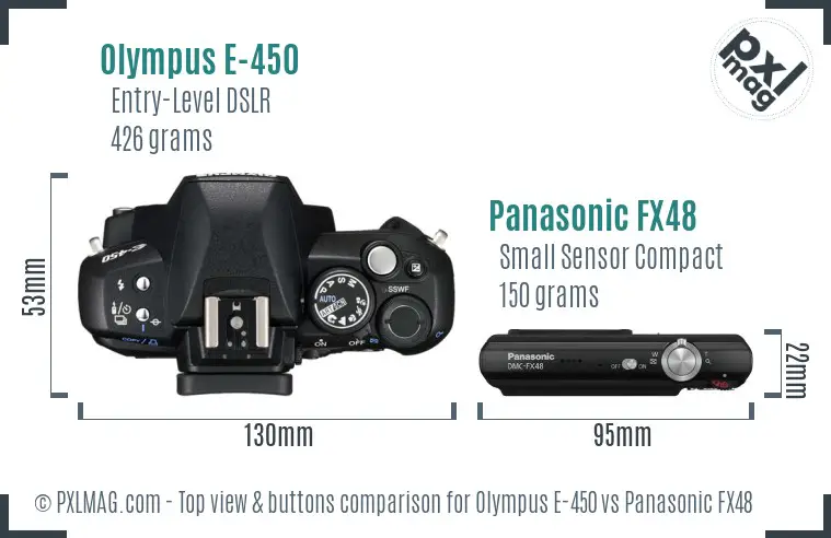 Olympus E-450 vs Panasonic FX48 top view buttons comparison