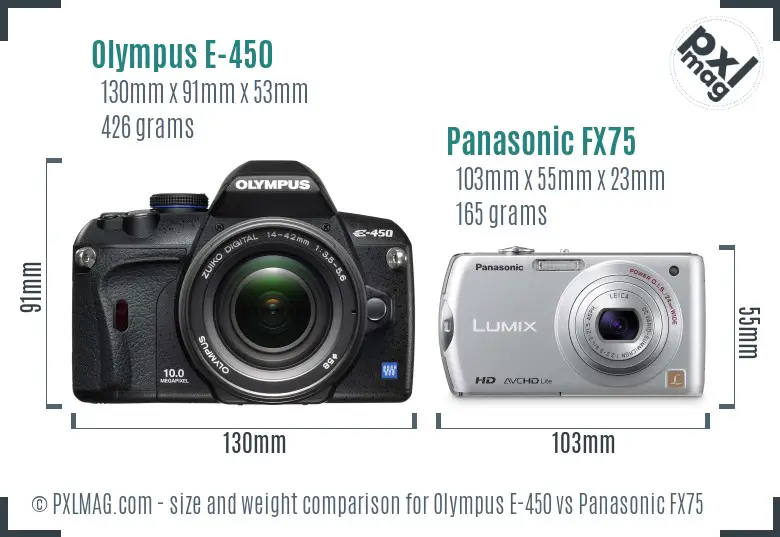Olympus E-450 vs Panasonic FX75 size comparison