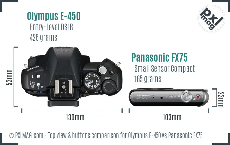 Olympus E-450 vs Panasonic FX75 top view buttons comparison