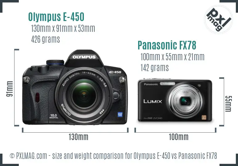 Olympus E-450 vs Panasonic FX78 size comparison