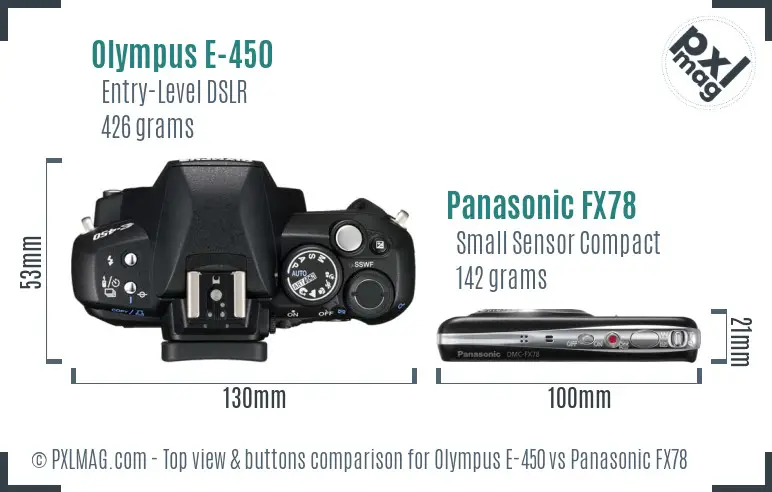 Olympus E-450 vs Panasonic FX78 top view buttons comparison