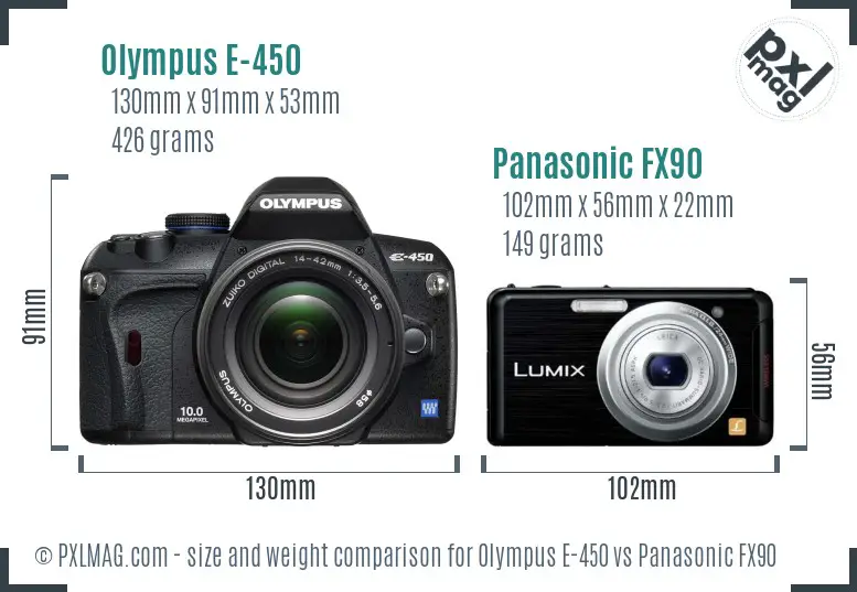 Olympus E-450 vs Panasonic FX90 size comparison