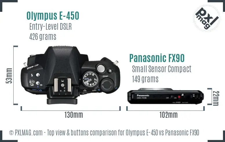 Olympus E-450 vs Panasonic FX90 top view buttons comparison