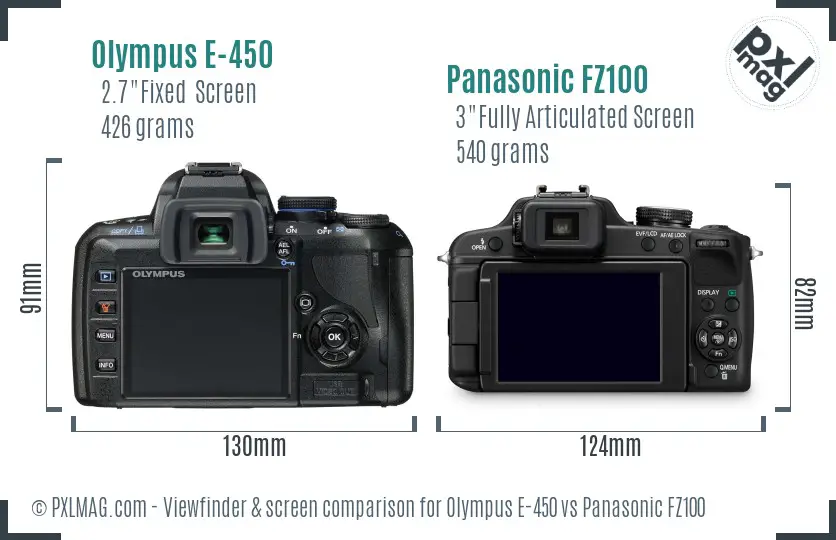 Olympus E-450 vs Panasonic FZ100 Screen and Viewfinder comparison