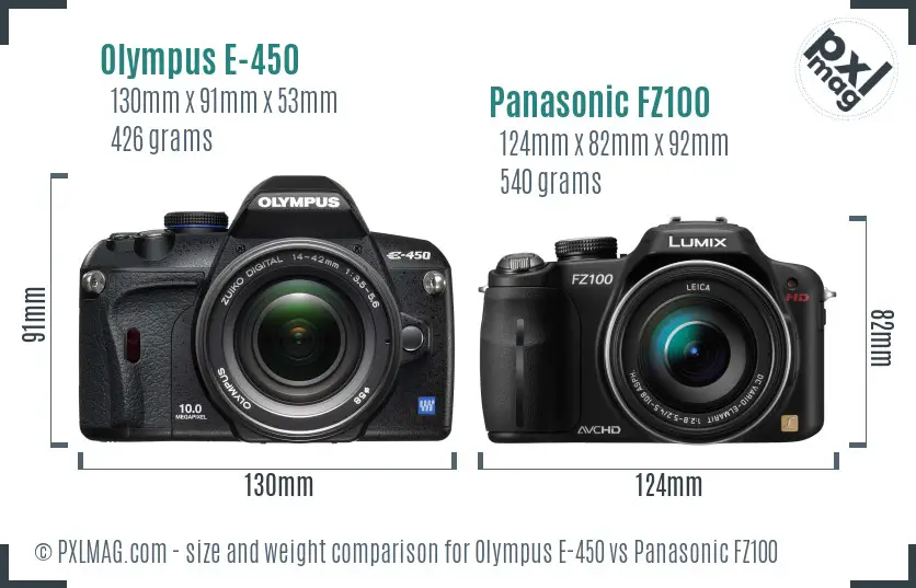 Olympus E-450 vs Panasonic FZ100 size comparison