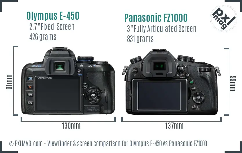 Olympus E-450 vs Panasonic FZ1000 Screen and Viewfinder comparison