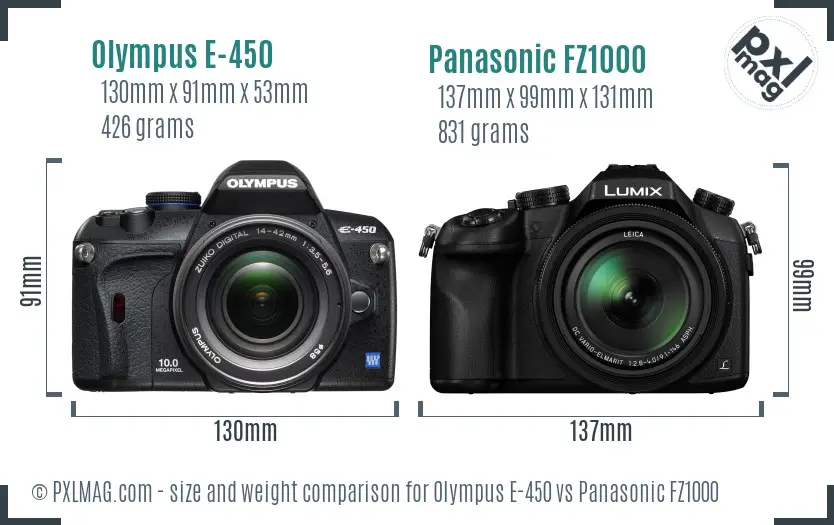 Olympus E-450 vs Panasonic FZ1000 size comparison