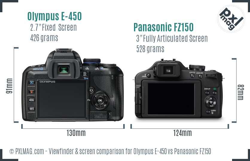 Olympus E-450 vs Panasonic FZ150 Screen and Viewfinder comparison