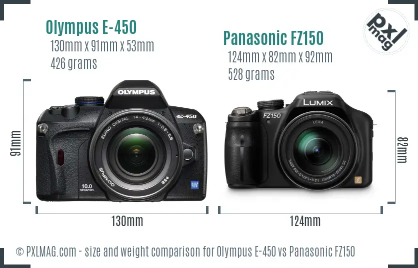 Olympus E-450 vs Panasonic FZ150 size comparison