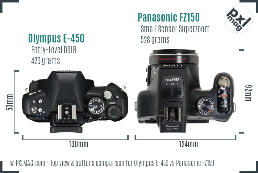 Olympus E-450 vs Panasonic FZ150 top view buttons comparison