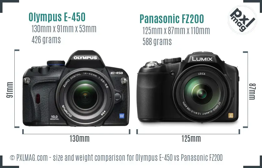 Olympus E-450 vs Panasonic FZ200 size comparison