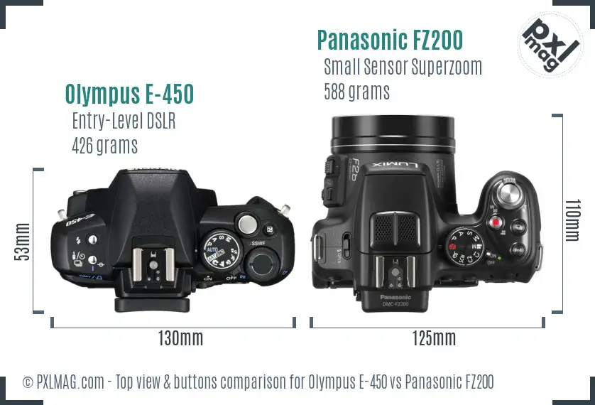 Olympus E-450 vs Panasonic FZ200 top view buttons comparison