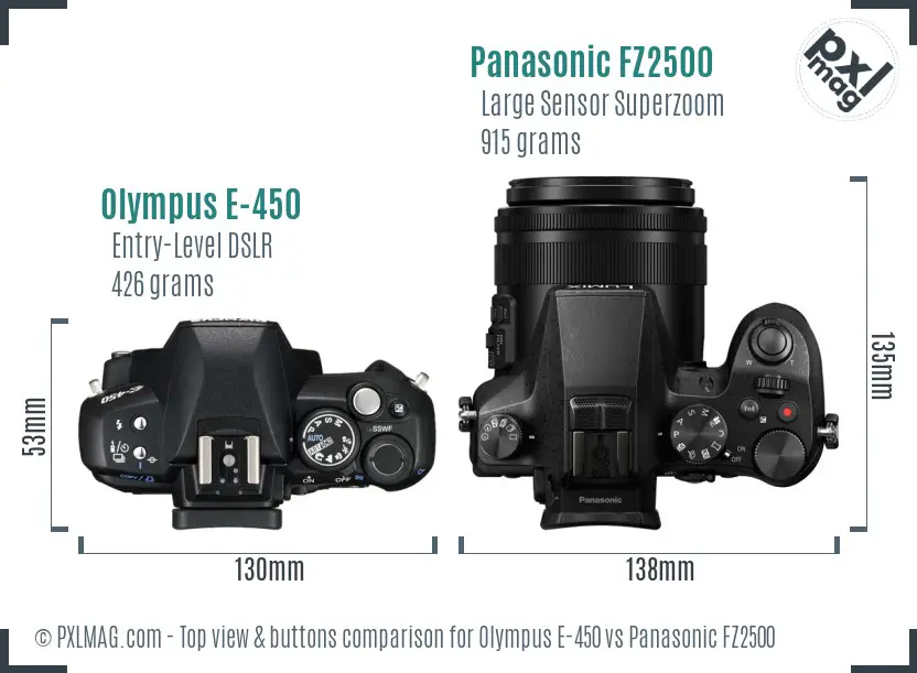 Olympus E-450 vs Panasonic FZ2500 top view buttons comparison