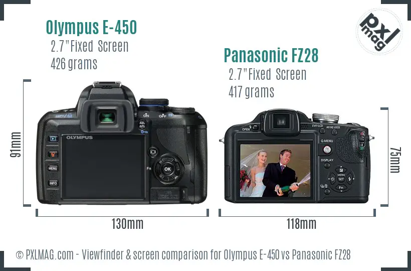 Olympus E-450 vs Panasonic FZ28 Screen and Viewfinder comparison