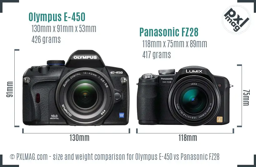 Olympus E-450 vs Panasonic FZ28 size comparison