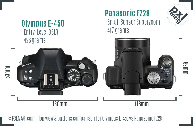 Olympus E-450 vs Panasonic FZ28 top view buttons comparison