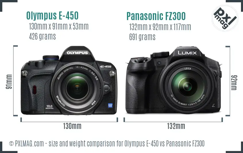 Olympus E-450 vs Panasonic FZ300 size comparison