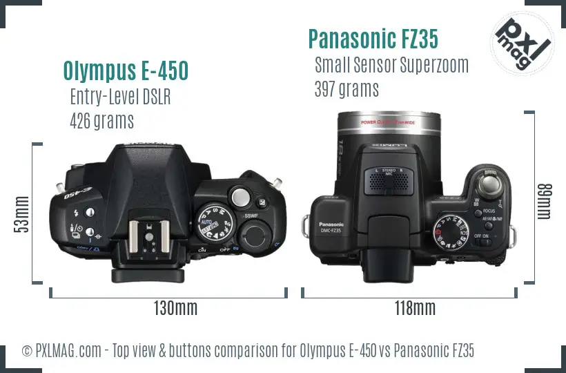 Olympus E-450 vs Panasonic FZ35 top view buttons comparison