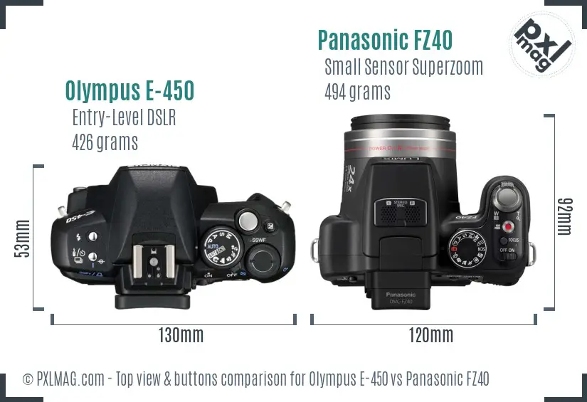 Olympus E-450 vs Panasonic FZ40 top view buttons comparison