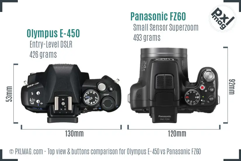 Olympus E-450 vs Panasonic FZ60 top view buttons comparison