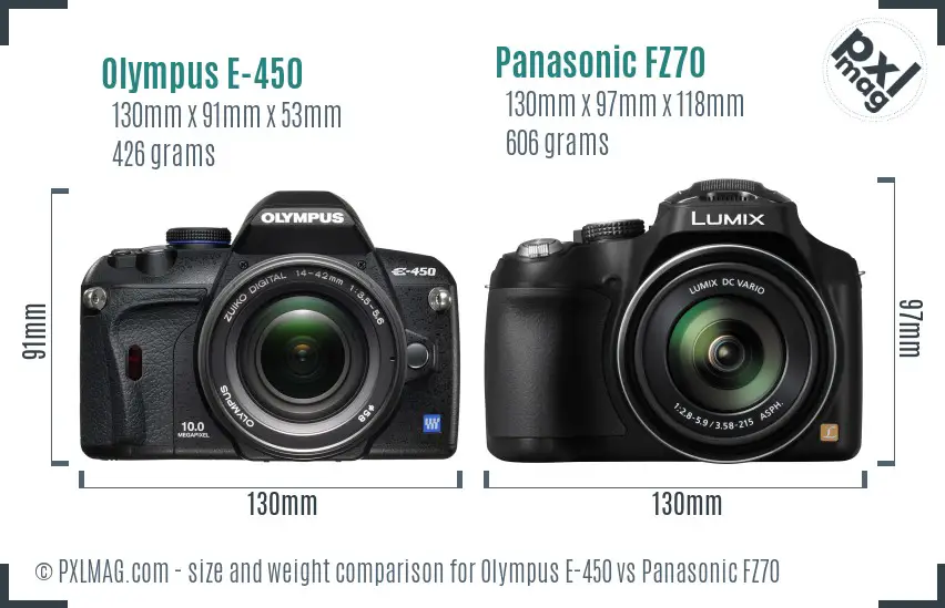 Olympus E-450 vs Panasonic FZ70 size comparison